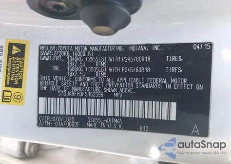 2015 Toyota Highlander Xle V6 z USA, uszkodzony, nr VIN 5TDJKRFH3FS162596